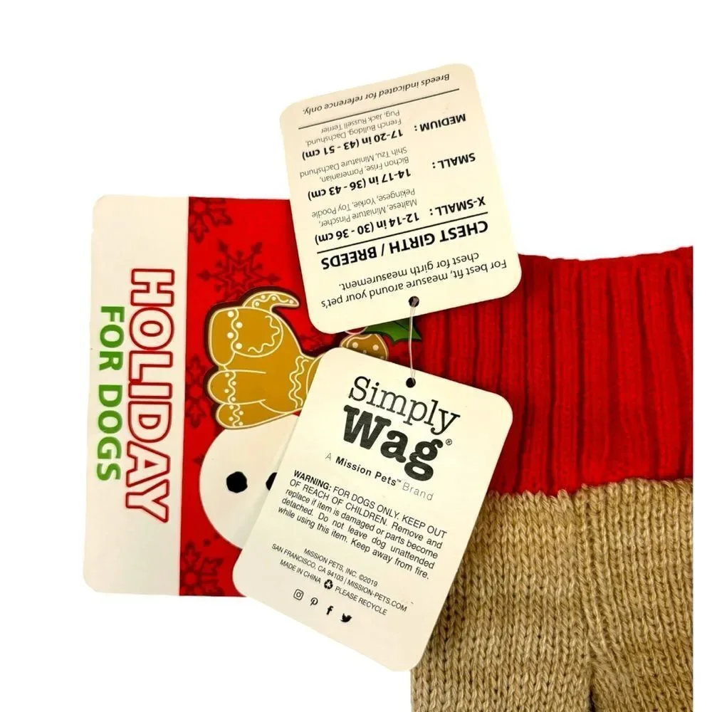 Simply Wag Red and Tan Dog Puppy Deer Holiday Sweater Size Small NWT